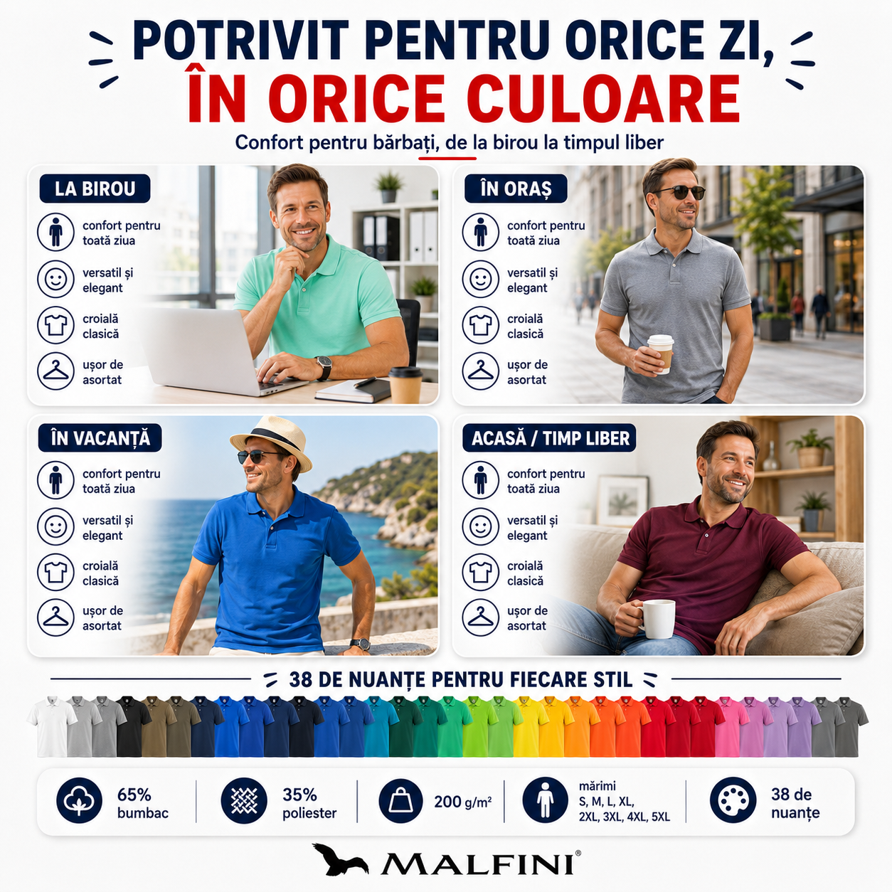 Tricou polo bărbați Malfini pentru birou oraș vacanță acasă și timp liber